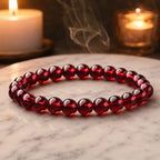 Red garnet jewelry meditation bracelet with deep ruby beads, calming chakra accessory for mindful styling sessions