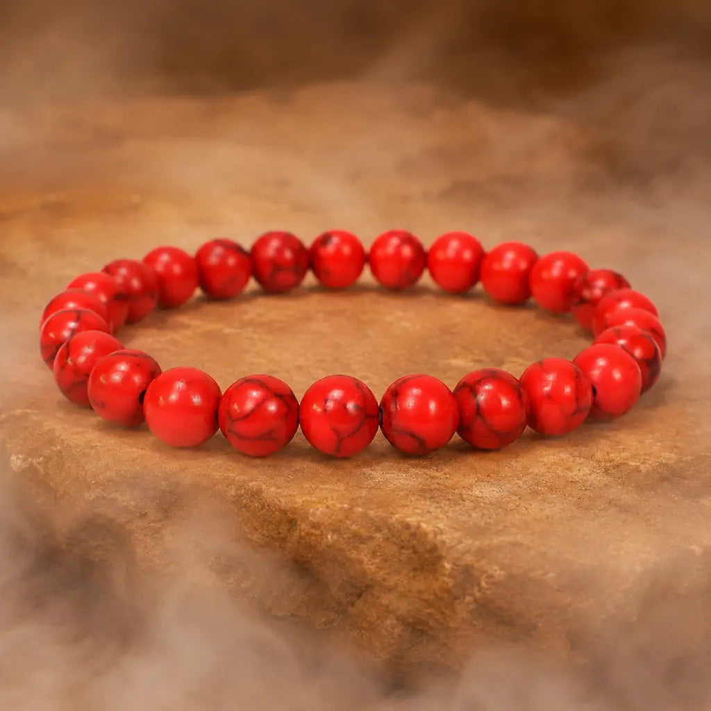 Red howlite bracelet with vibrant gemstone beads and warm background styling for peaceful energy balance