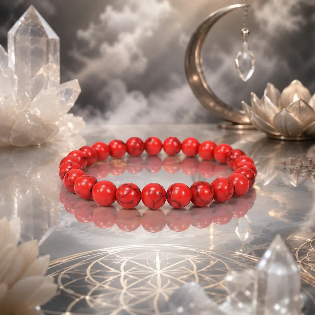 Red howlite bracelet with crystal décor and gemstone beads for spiritual healing and calming energy