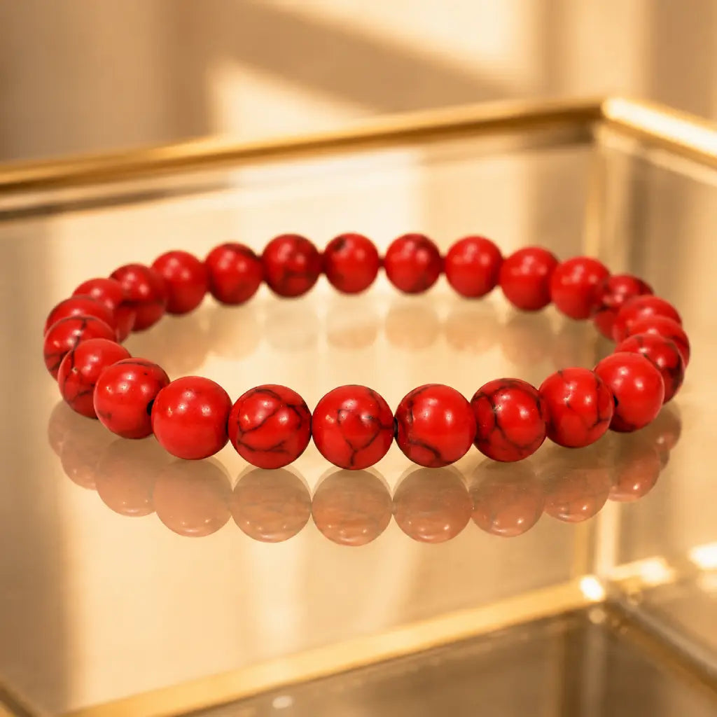 Red howlite bracelet with polished healing stone beads on reflective display for stylish comfort wear