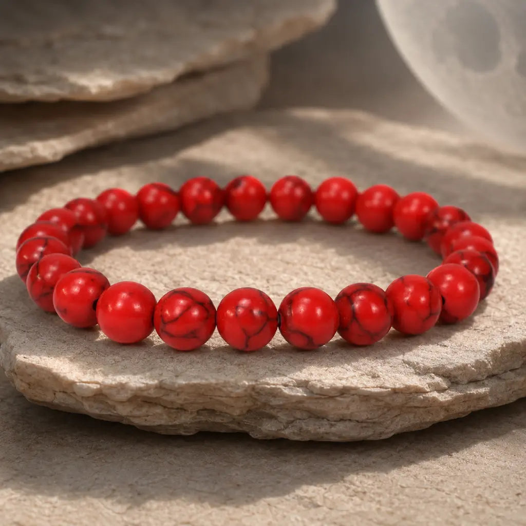 Red howlite bracelet with glossy healing stone beads displayed naturally for calming energy and daily wear