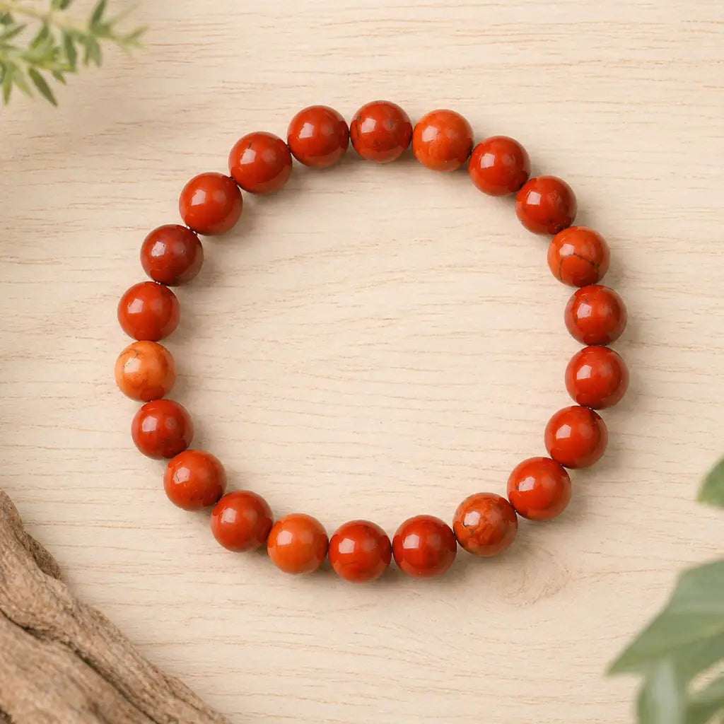 Red jasper stone bracelet polished round bead bracelet on wood with leaves, bold gemstone jewelry for grounding style