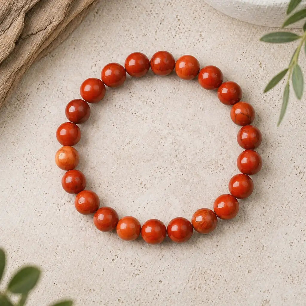 Red jasper stone bracelet glossy red round bead bracelet on travertine with driftwood, bold grounding jewelry look