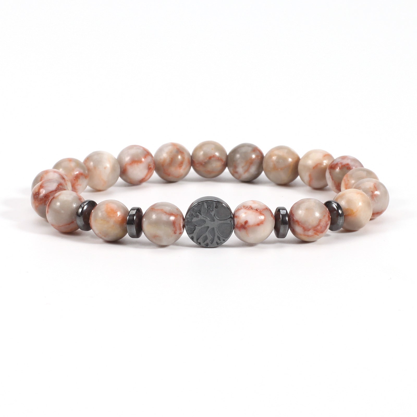 Red network bracelet with glossy 8mm cream, gray, and red-veined round beads, four black spacer rings, and one round tree-design focal bead, displayed on a bright white background.