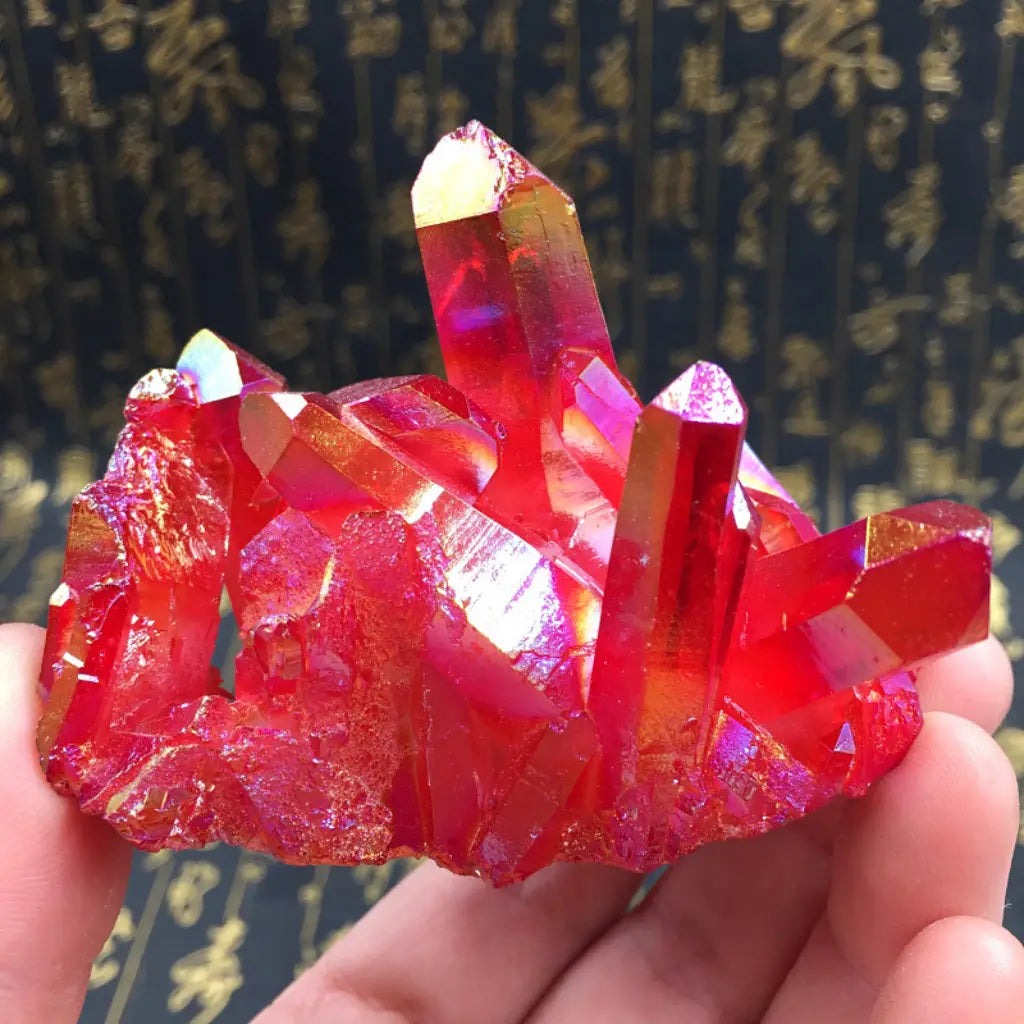 Red quartz crystal cluster with radiant polished points and vivid color, premium mineral display piece for crystal lovers.