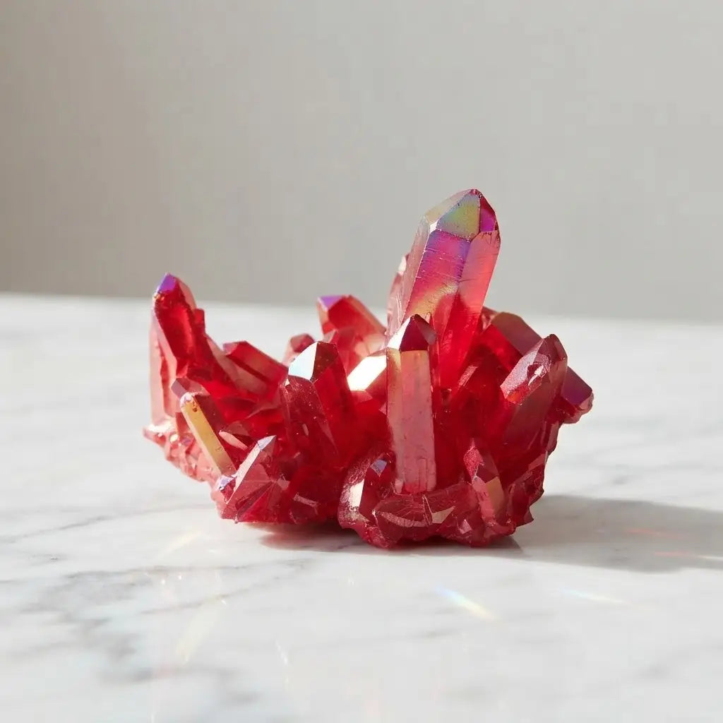 Red quartz crystal cluster with shimmering natural points, eye-catching mineral display piece for home décor and crystal collections.