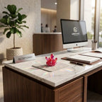 Red quartz crystal displayed on an office reception desk, elegant mineral décor piece adding vibrant color and premium style.