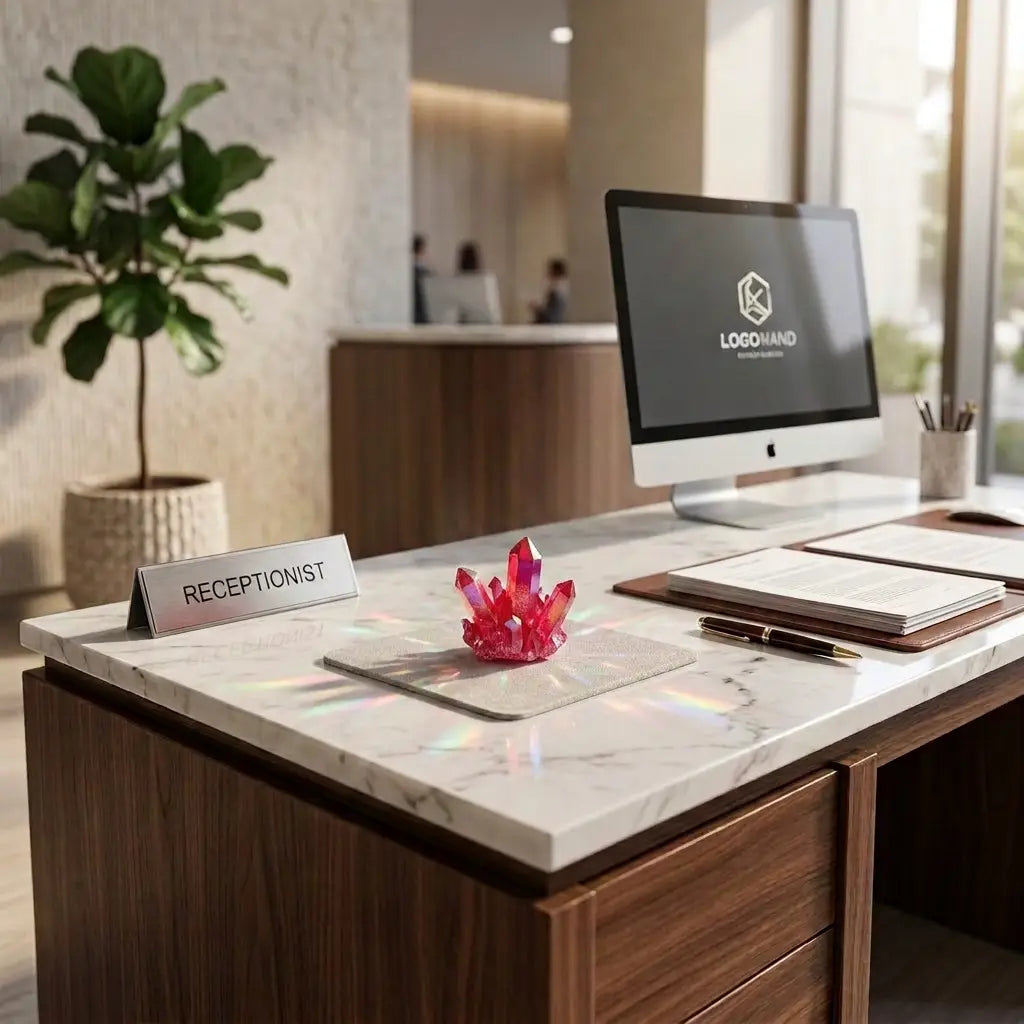 Red quartz crystal displayed on an office reception desk, elegant mineral décor piece adding vibrant color and premium style.