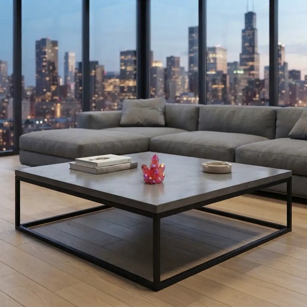 Red quartz crystal centerpiece on a modern coffee table, decorative gemstone accent enhancing luxury home interior design.