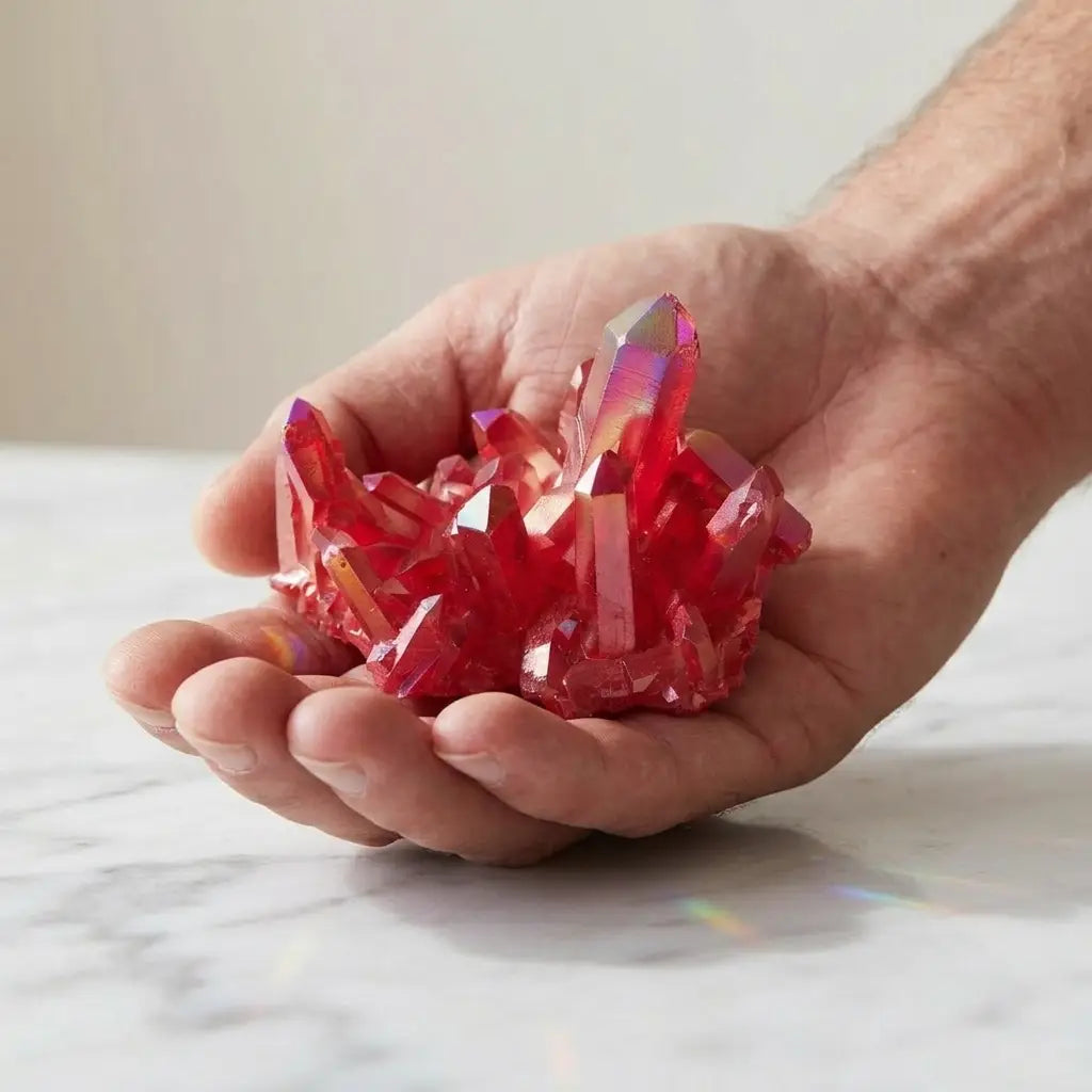 Red quartz crystal cluster resting in hand, polished mineral specimen with brilliant red points ideal for collectors and display.