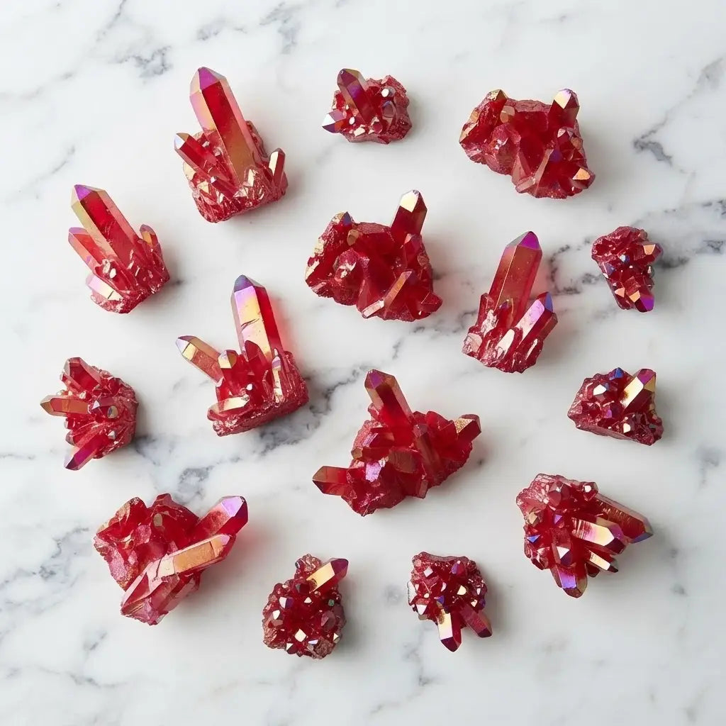 Red quartz crystal collection featuring multiple raw clusters and points, vibrant gemstone specimens for display and crystal enthusiasts.