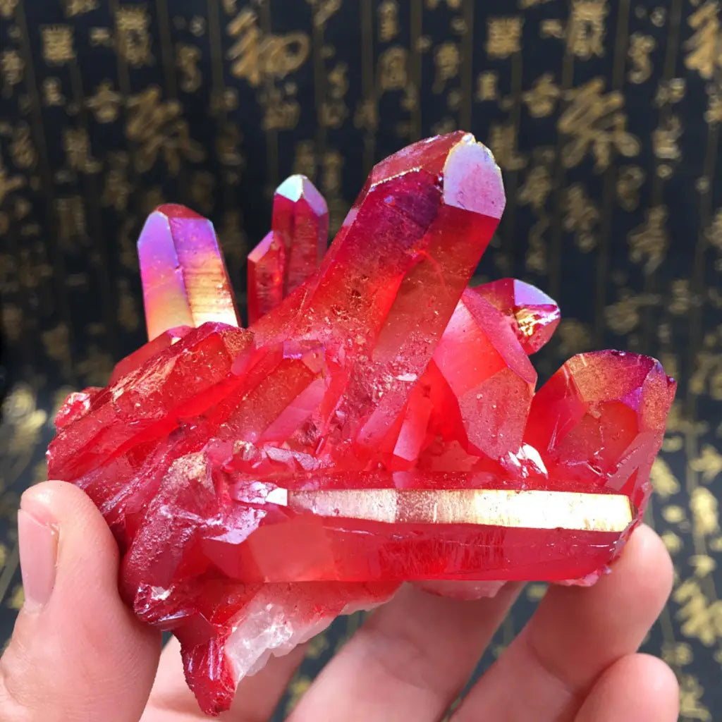 Red quartz large crystal cluster with brilliant faceted points, premium raw mineral specimen perfect for collectors and décor.