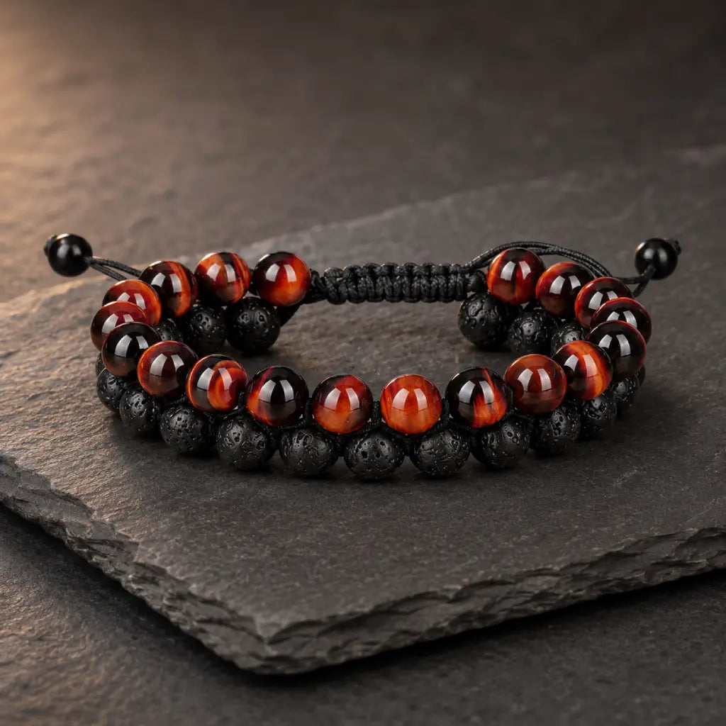 Red Tiger eye Bracelet with polished gemstone and black lava stone beads, featuring an adjustable cord for a refined look.