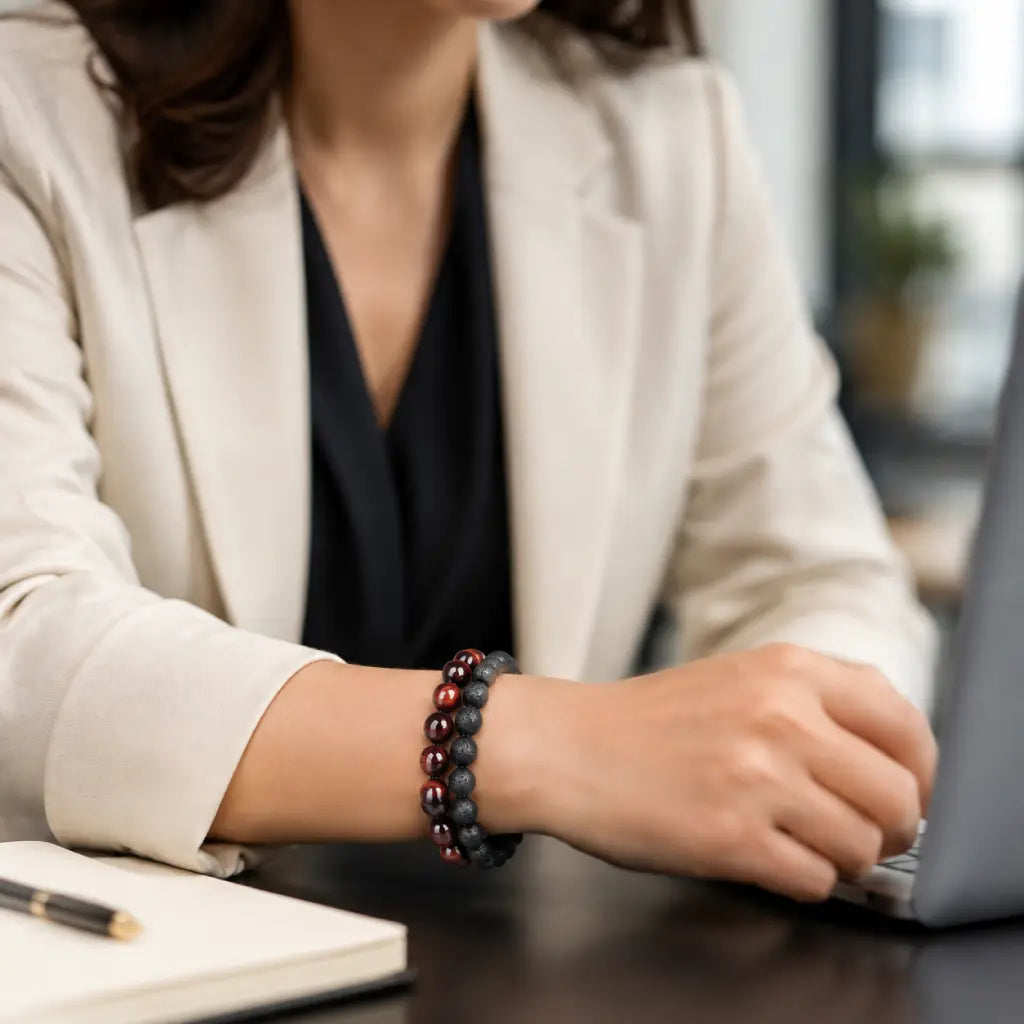 Red Tiger eye Bracelet with black lava stone beads worn in a professional office, adding polished style to everyday looks.