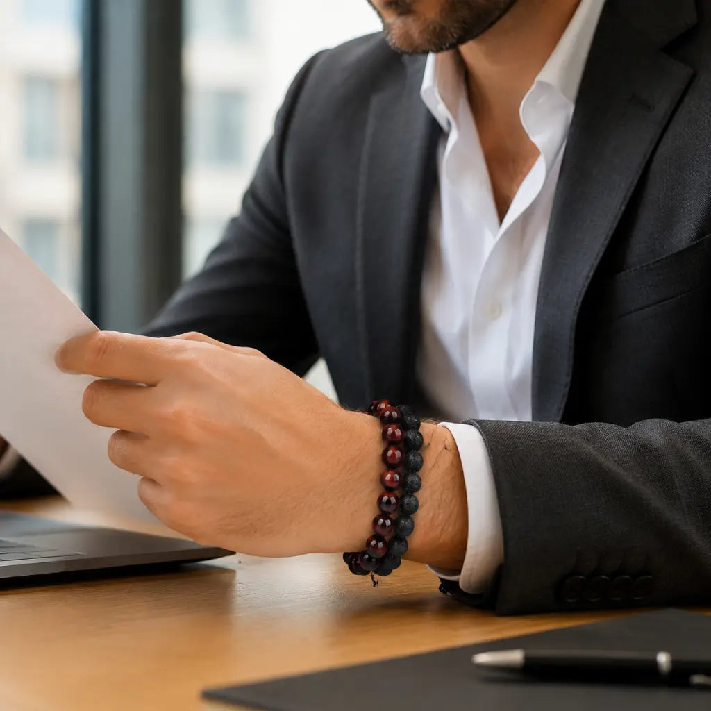 Red Tiger eye Bracelet with black lava stone beads styled with a business suit, offering a refined accent for office wear.