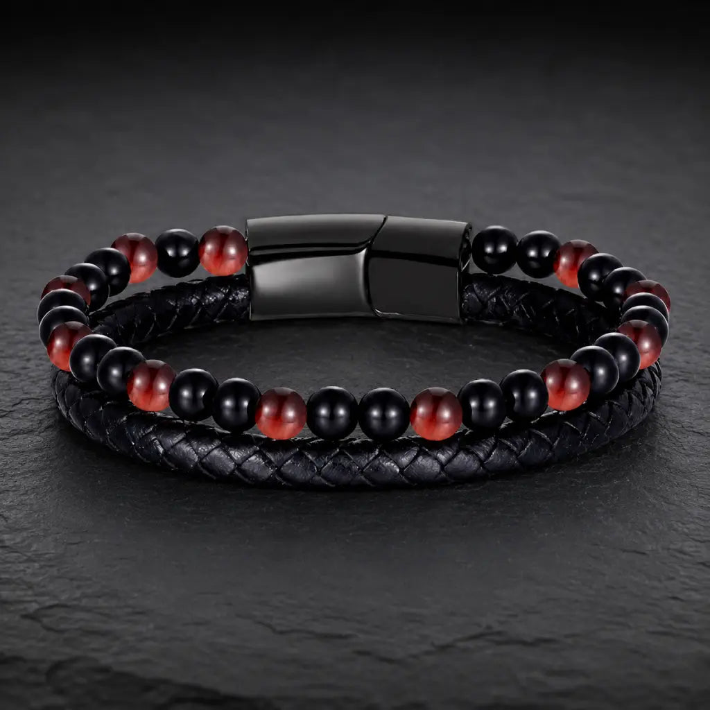Red Tigereye bracelet with polished gemstone beads and braided leather creates modern appeal