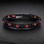 Red Tigereye bracelet with polished gemstone beads and braided leather creates modern appeal