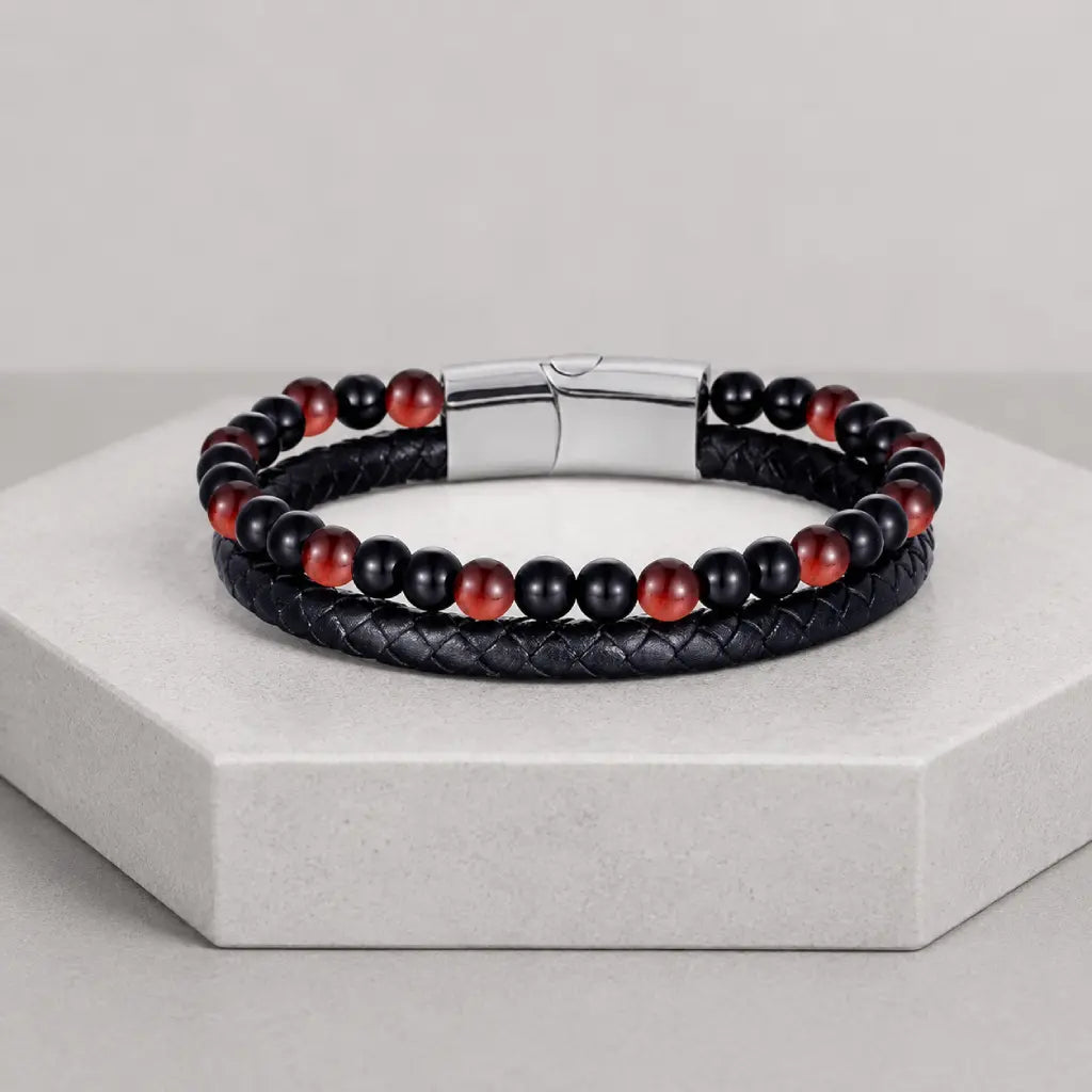 Red Tigereye bracelet featuring woven leather and natural stone beads creates refined appeal