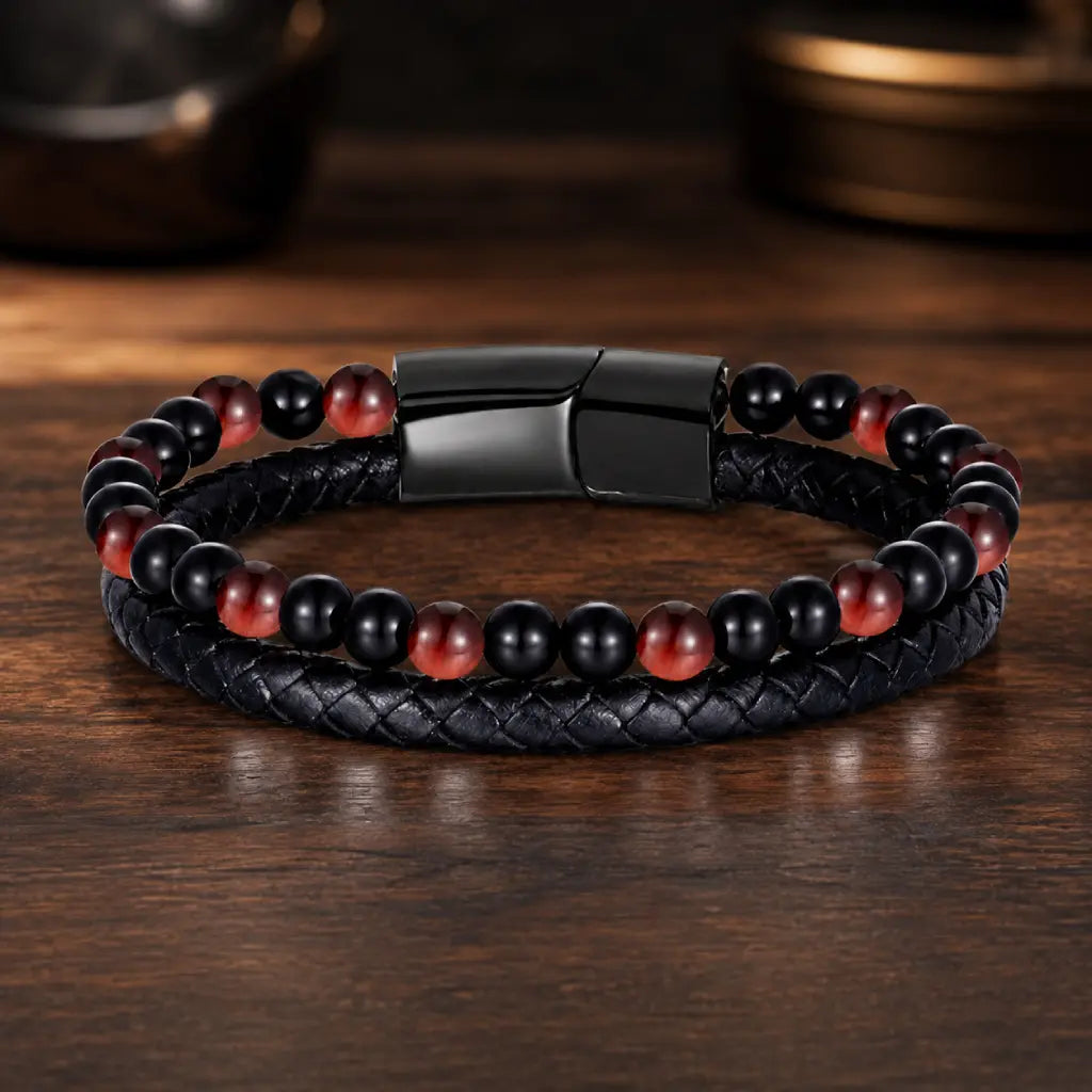 Red Tigereye bracelet with braided leather and gemstone accents enhances premium style appeal