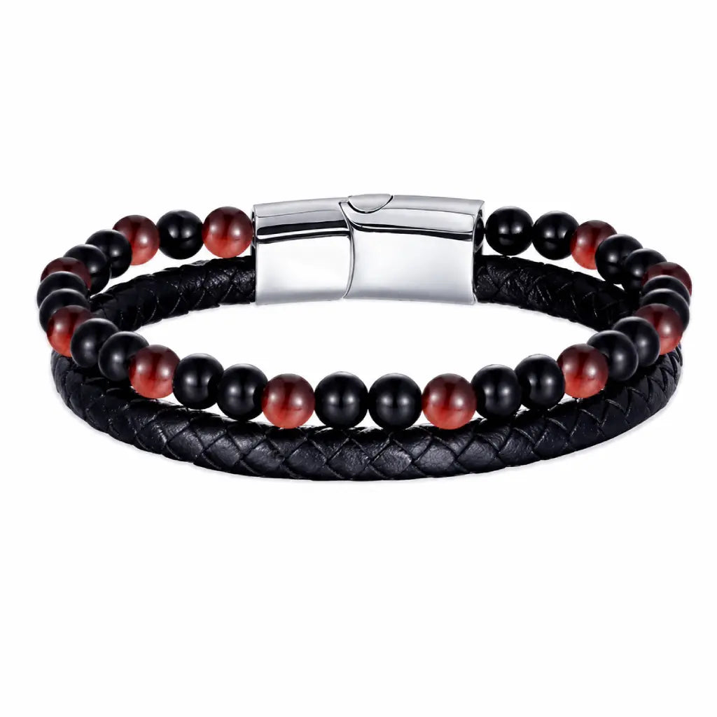 Red Tigereye bracelet with silver clasp, braided leather and gemstone beads delivers refined style appeal