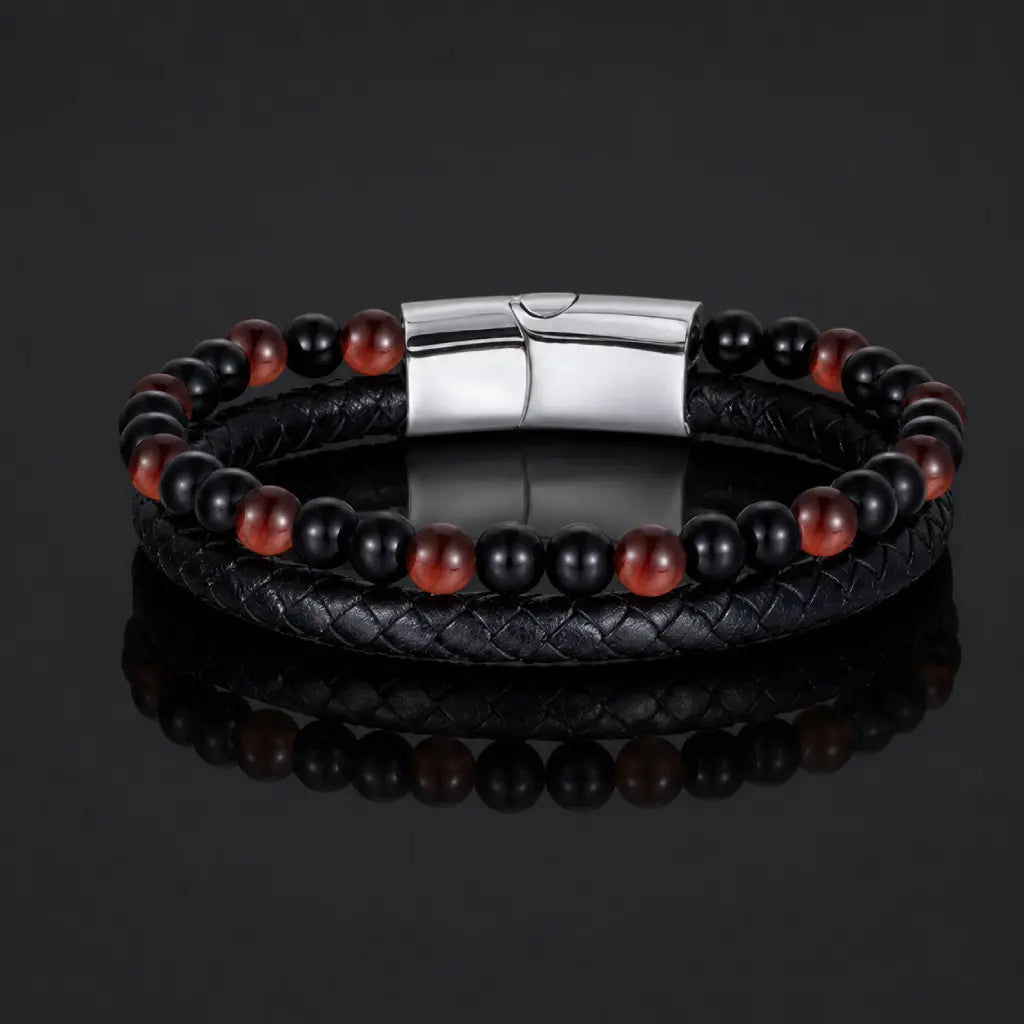Red Tigereye bracelet featuring polished gemstone beads and woven leather delivers premium appeal