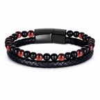 Red Tigereye bracelet featuring black clasp, braided leather and polished stone beads creates bold appeal