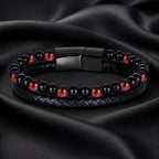 Red Tigereye bracelet with natural gemstone beads and woven leather creates stylish appeal