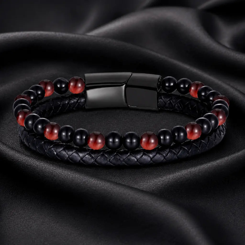 Red Tigereye bracelet with natural gemstone beads and woven leather creates stylish appeal