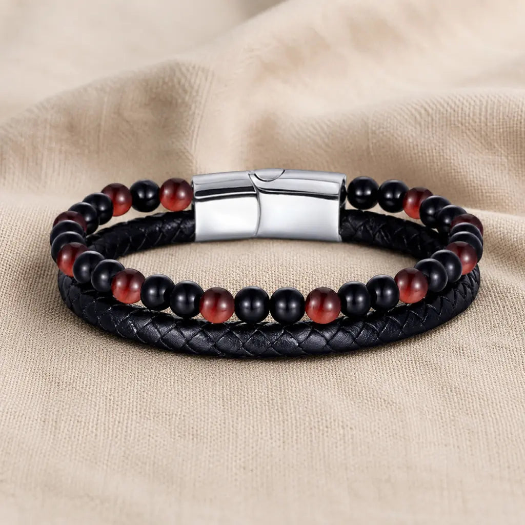 Red Tigereye bracelet with premium stone beads and braided leather adds sleek everyday style