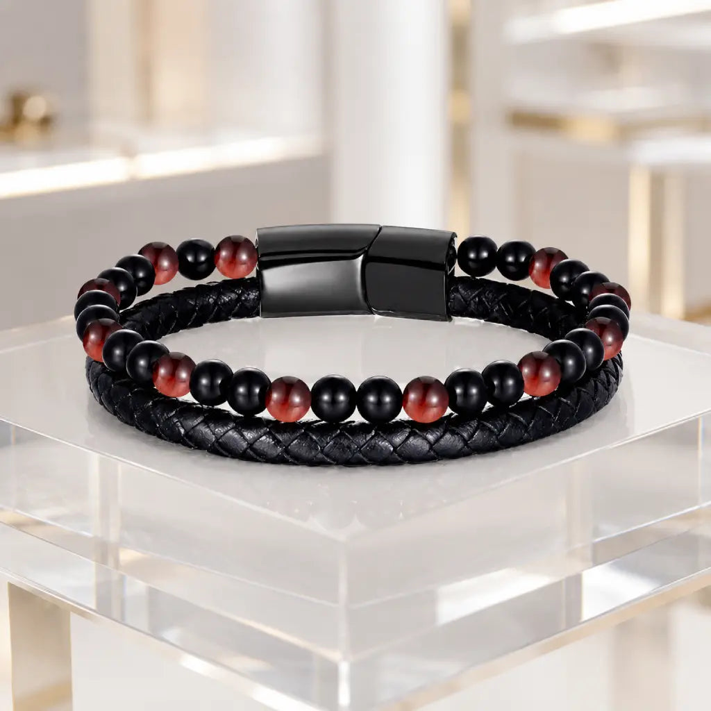 Red Tigereye bracelet featuring polished gemstone beads and braided leather delivers luxury appeal