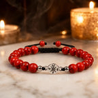 Red turquoise bracelet in warm candlelight with polished stone beads for calming style inspiration