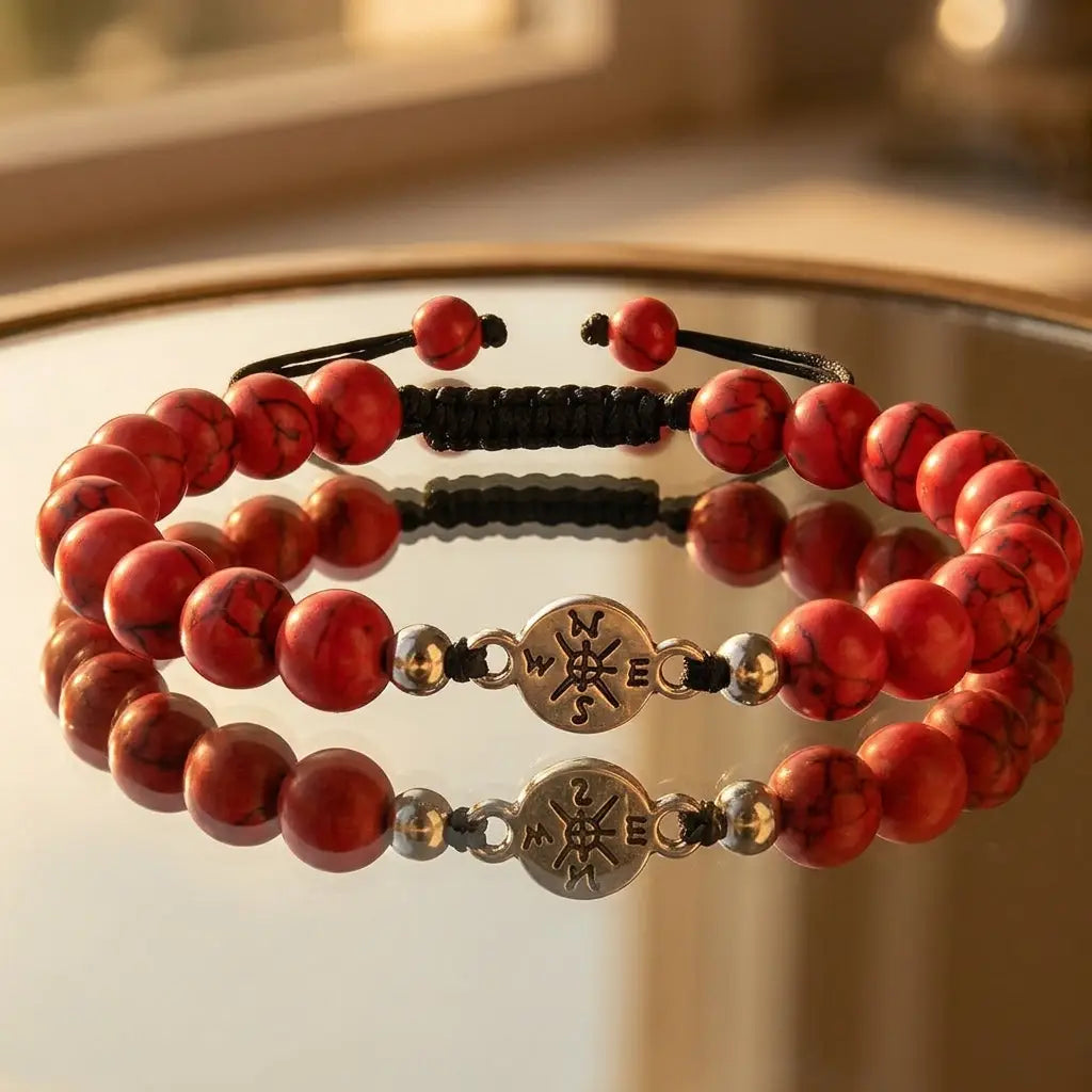 Red Turquoise Adjustable Compass Bracelet for Travelers.
