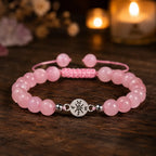 Rose Quartz beaded bracelet with soft candlelight ambiance and natural gemstones for peaceful romance healing vibes