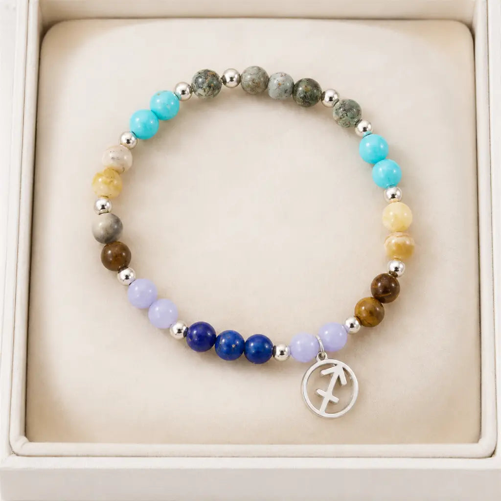 Sagittarius zodiac bracelet presented in a gift box, colorful gemstone astrology jewelry ready for special occasions