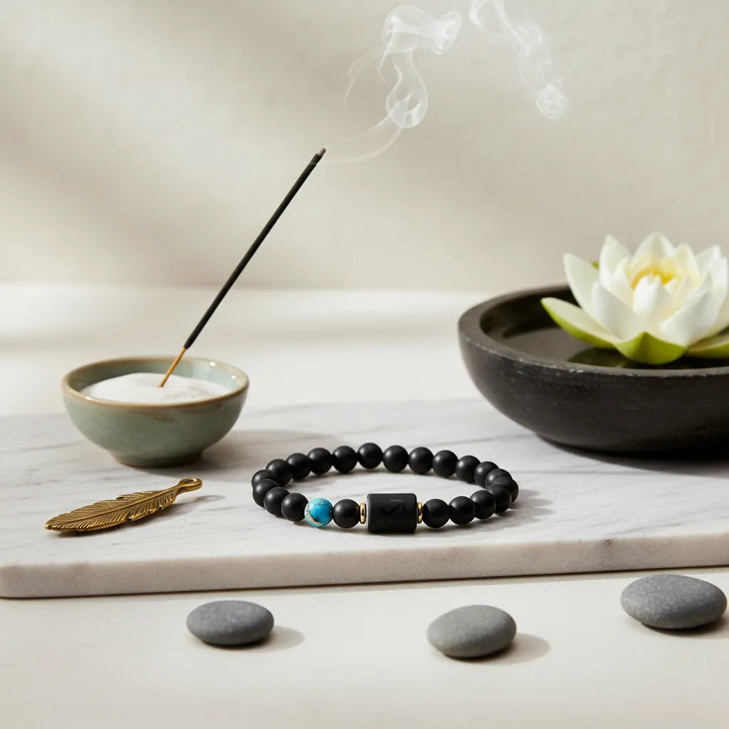 Sagittarius zodiac bracelet beside burning incense with smoke, lotus bowl and minimalist zen decor on marble surface