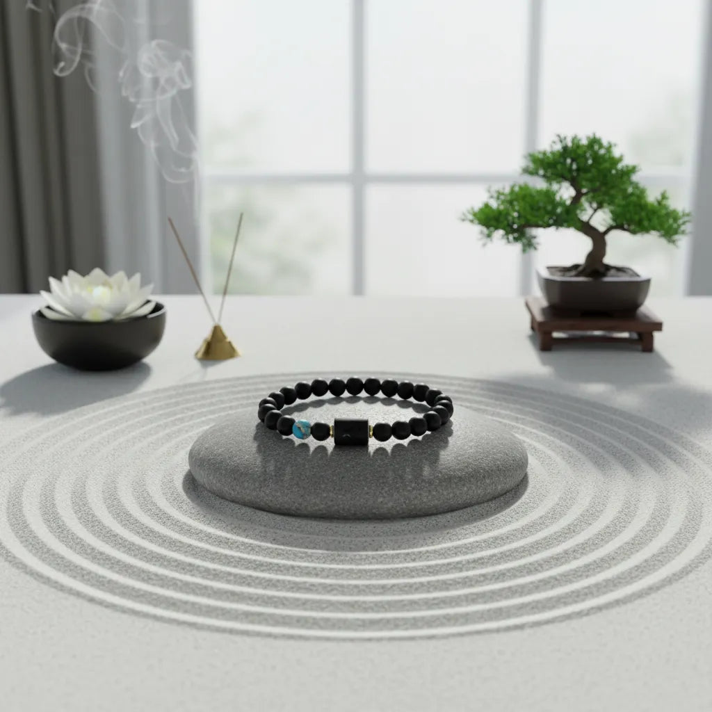Sagittarius zodiac bracelet on rock in flowing stream surrounded by lush forest greenery and natural sunlight