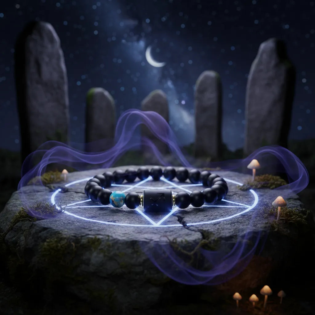 Sagittarius zodiac bracelet on stone with glowing mystical symbols, purple smoke and night sky background
