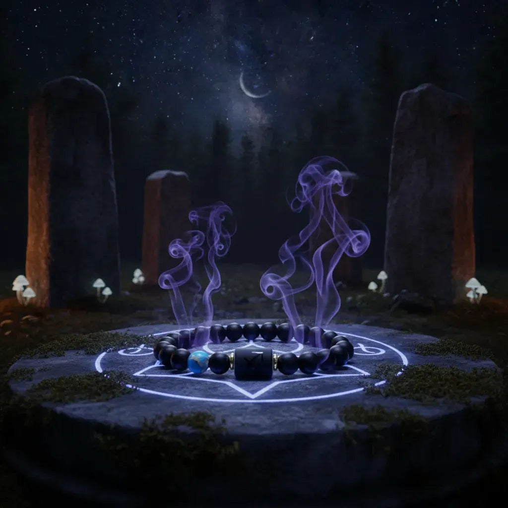 Sagittarius zodiac bracelet on stone altar with glowing ritual circle, purple smoke and standing stones under starry night sky
