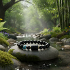 Sagittarius zodiac bracelet with black beads and turquoise accent displayed on clean marble background product shot