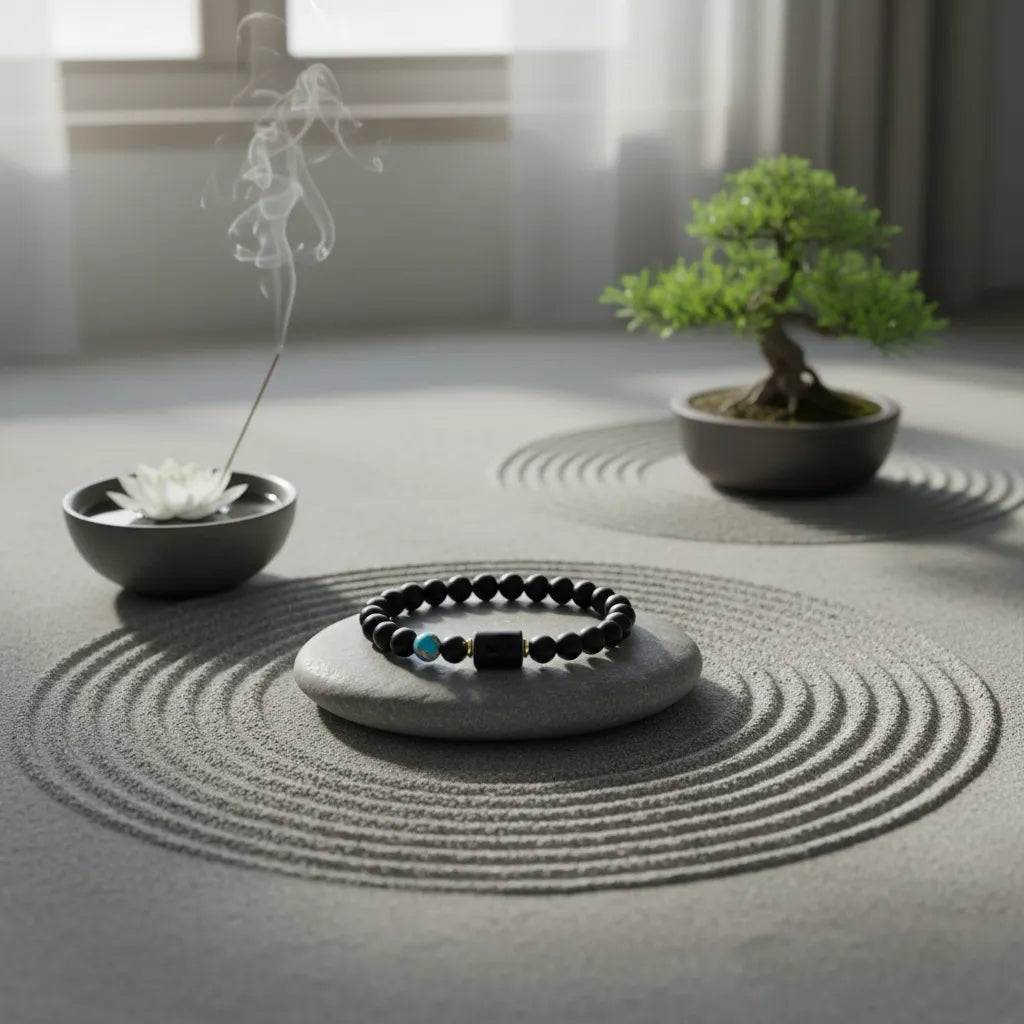 Sagittarius zodiac bracelet on smooth stone with raked sand pattern, incense and bonsai near window light
