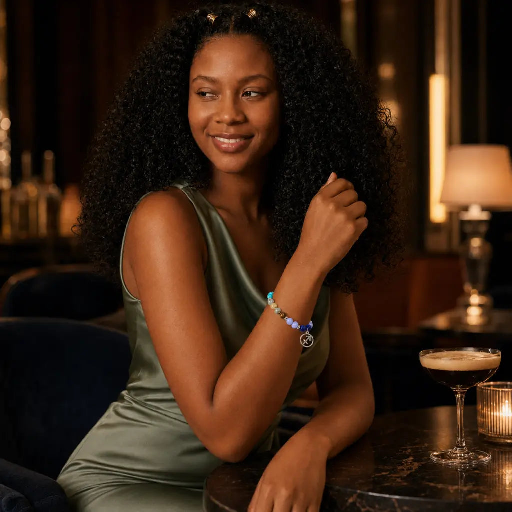 Sagittarius zodiac bracelet worn with elegant attire, gemstone astrology jewelry creating a sophisticated statement