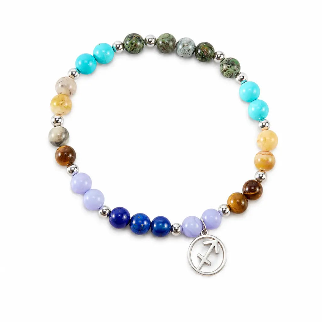 Sagittarius zodiac gemstone bracelet isolated on white background, versatile astrology jewelry for daily wear