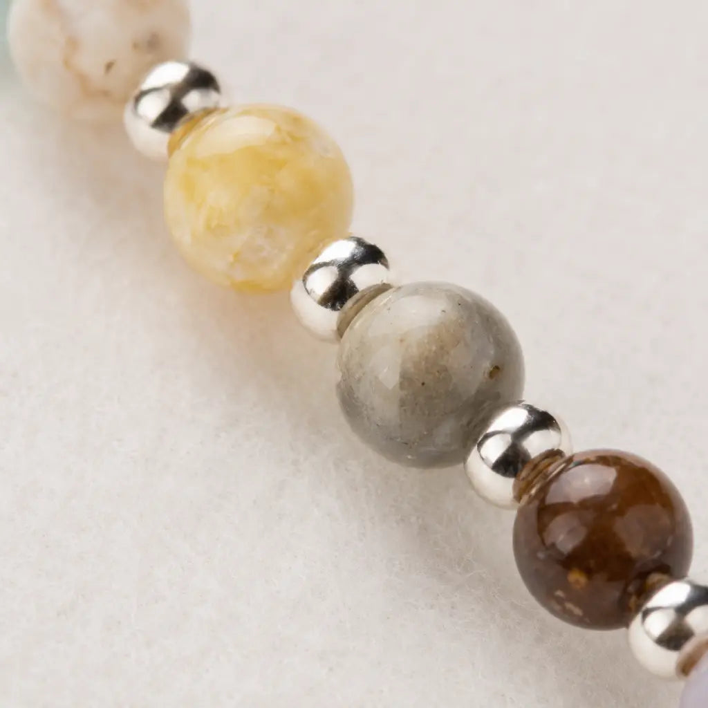 Sagittarius zodiac bracelet close-up showing natural gemstone beads, handcrafted astrology jewelry with premium details
