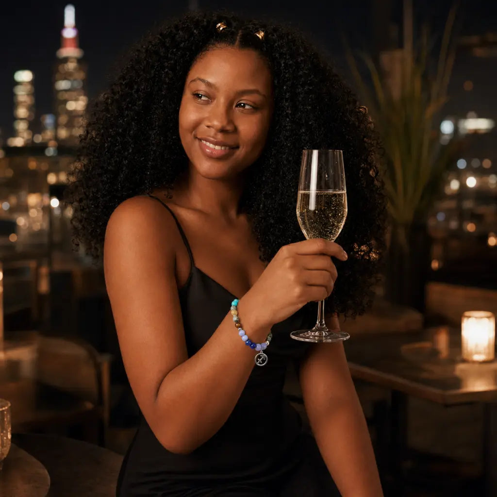 Sagittarius zodiac bracelet featured at a rooftop celebration, colorful horoscope jewelry enhancing modern fashion