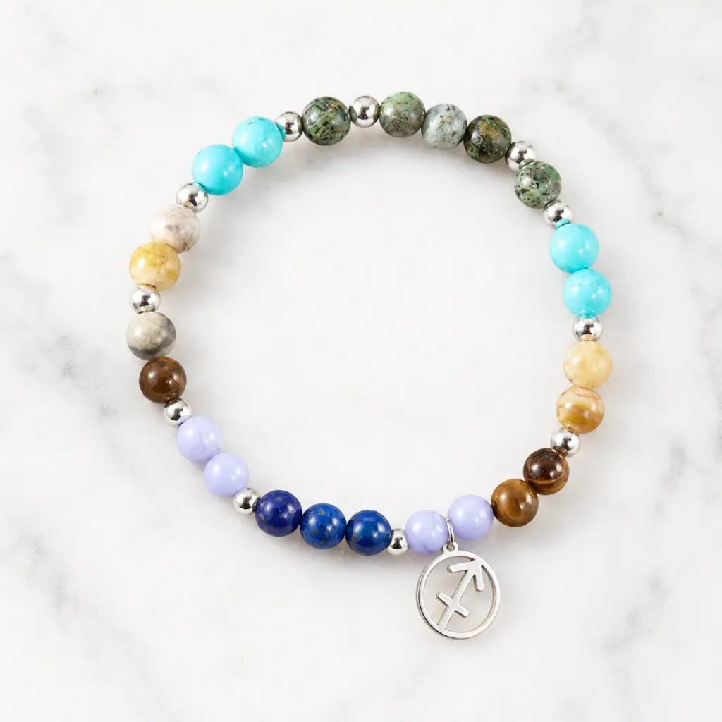 Sagittarius zodiac gemstone bracelet with colorful natural stones and silver charm, premium astrology jewelry gift