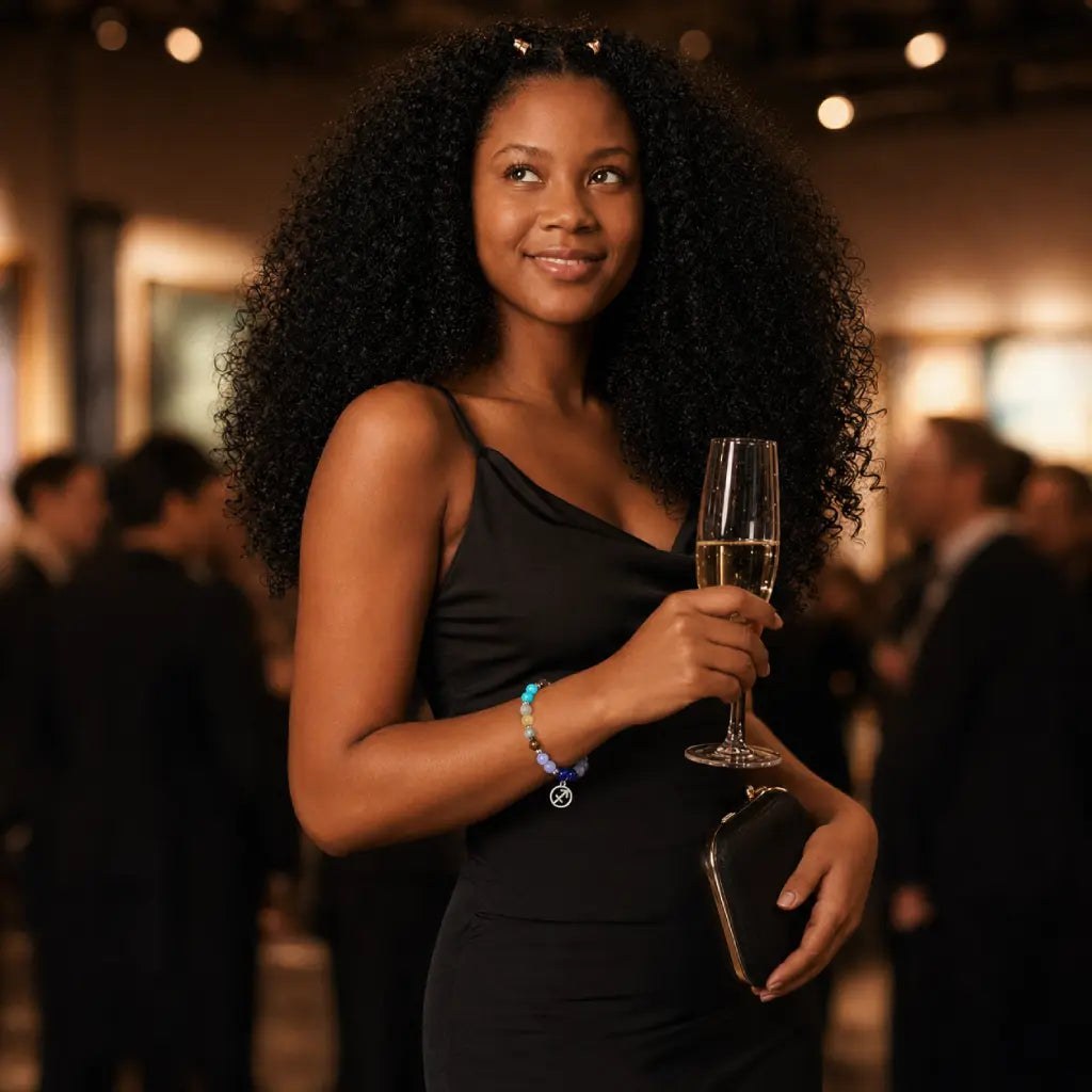 Sagittarius zodiac bracelet showcased at a formal event, vibrant birth sign jewelry designed for confident style