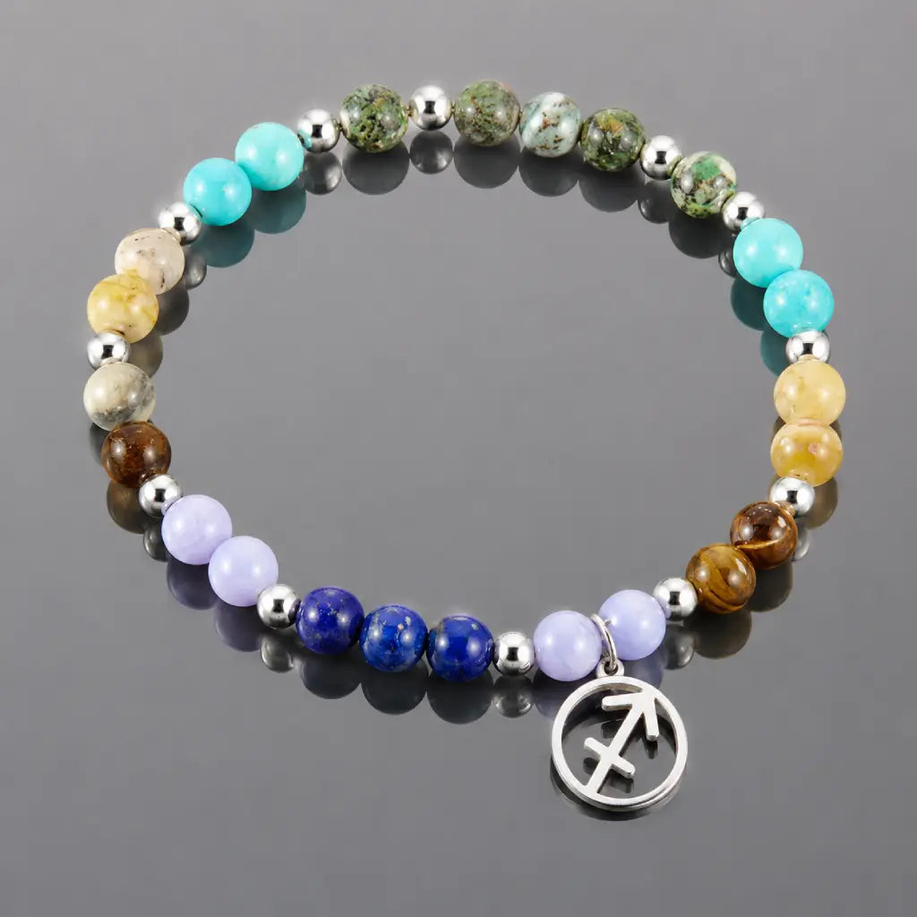 Sagittarius zodiac bracelet featuring polished gemstone beads and silver accents, stylish horoscope jewelry accessory