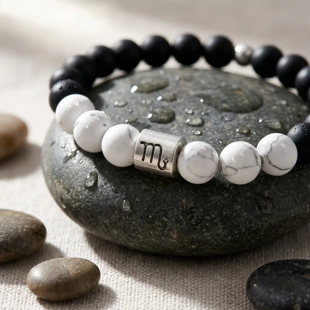 Bracelet with white beads and a silver zodiac charm on a stone surface