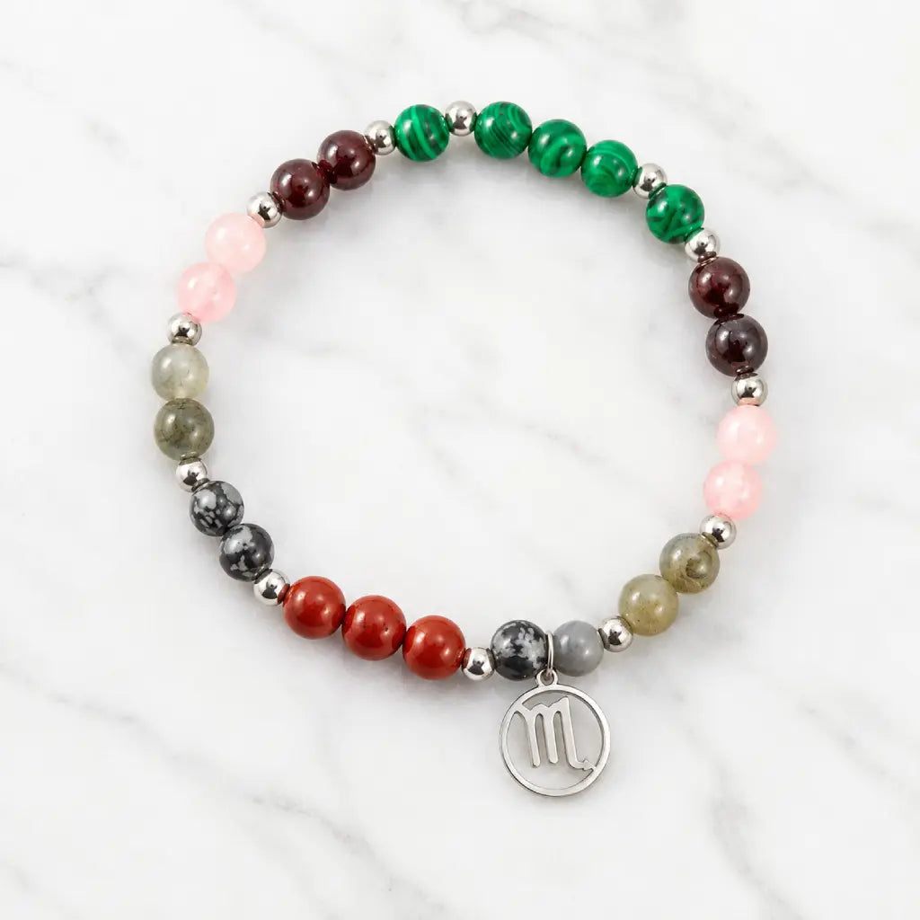 Scorpio crystal bracelet featuring colorful natural gemstones and silver charm, premium astrology jewelry gift option