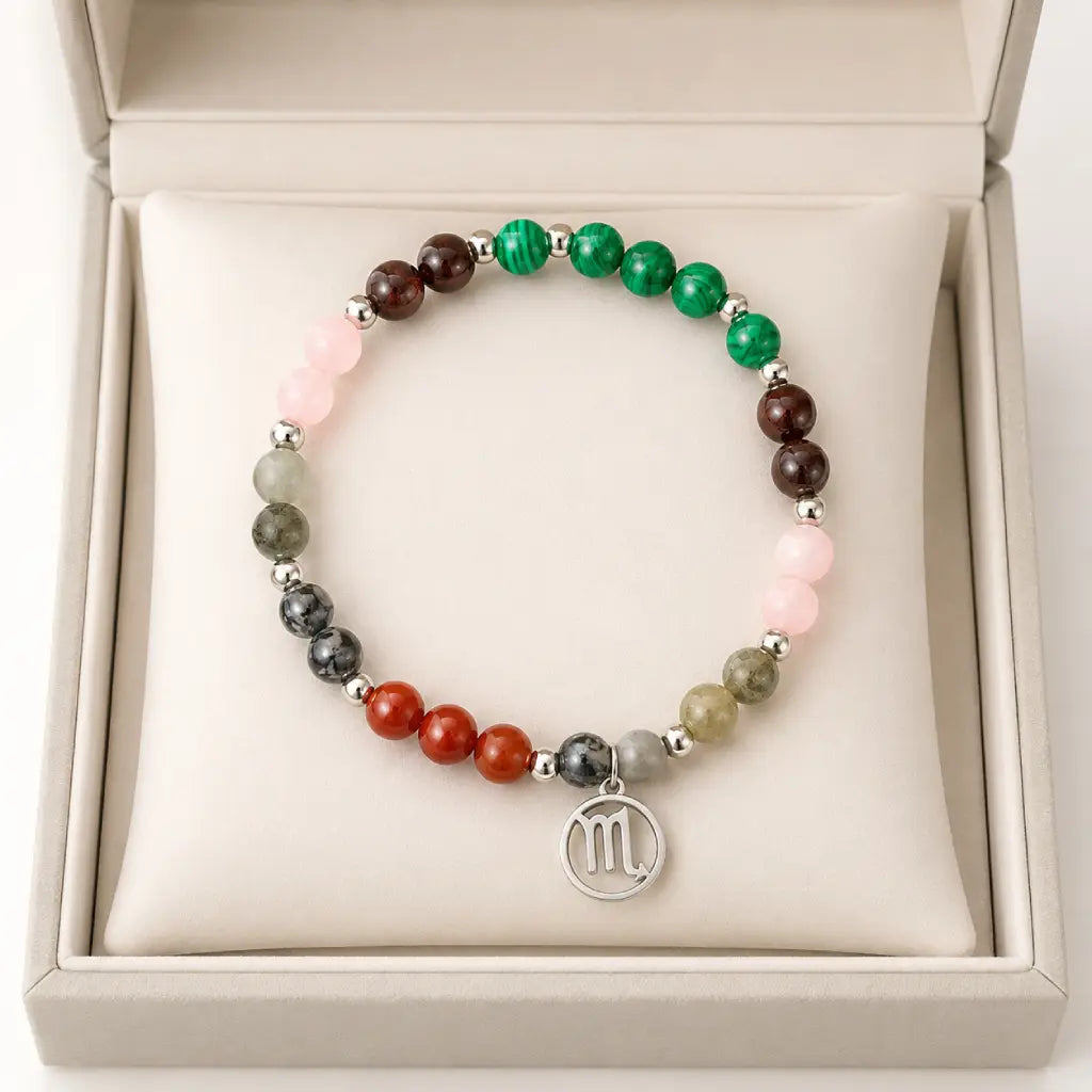 Scorpio crystal bracelet presented inside a gift box, colorful gemstone zodiac jewelry ready for special occasions